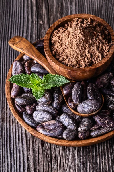 Frijoles Cacao Secos Enteros Polvo Cuenco Madera Cuchara Menta Sobre — Foto de Stock