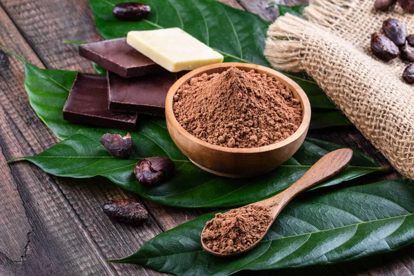 Cacao Polvo Tazón Madera Barras Chocolate Amargo Oscuro Manteca Cacao — Foto de Stock