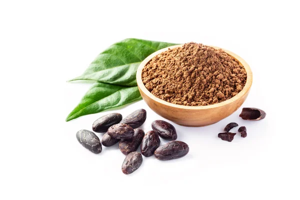 Judías Cacao Polvo Tazón Madera Con Hoja Original Fresca Aislada — Foto de Stock