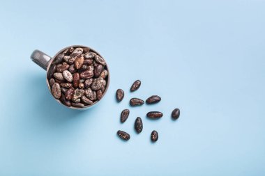 Kahverengi seramik bardakta tüm kakao çekirdekleri mavi üst görünüm telif alanının sağ tarafında. Gıda arkaplanı. 
