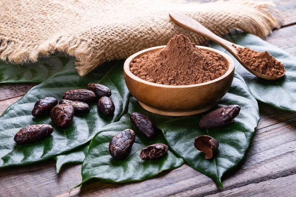 Cacao Polvo Tazón Madera Con Granos Cacao Secos Enteros Hojas — Foto de Stock