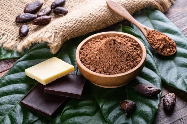 Cacao Polvo Tazón Madera Barras Chocolate Amargo Oscuro Manteca Cacao — Foto de Stock
