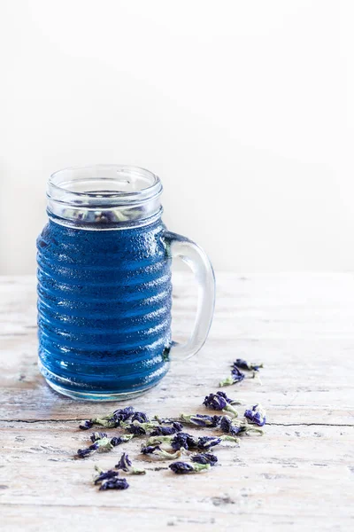 Tarro Vidrio Guisante Mariposa Fría Flores Guisante Guisante Azul Vieja — Foto de Stock