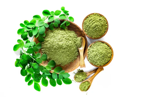 Moringa Pulver Moringa Oleifera Holzschale Mit Original Frischen Moringa Blättern — Stockfoto