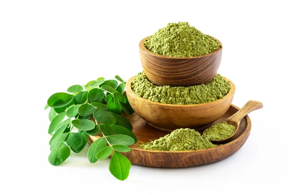 Moringa Pulver Moringa Oleifera Holzschale Mit Original Frischen Moringa Blättern — Stockfoto