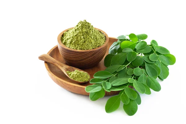 Moringa Proszek Moringa Oleifera Drewnianej Misce Oryginalnym Świeżych Liści Moringa — Zdjęcie stockowe