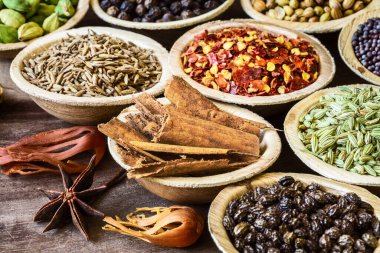 Ahşap arka planda hindistan cevizi kaselerinde Hint baharatları grubu. Kimyon, biber, biber, biber, biber, kakule, anason, kişniş, rezene, tarçın; papaya tohumları