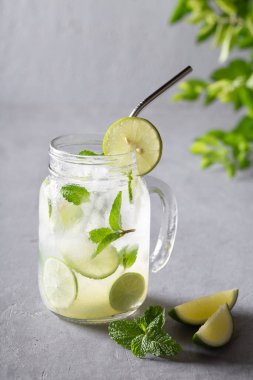 Zehirli sudan limon ve nane ile arınmak. Buz gibi yaz kokteyli ya da ev yapımı limonata. Gri arka planda cam kavanozda sağlıklı bir içecek..