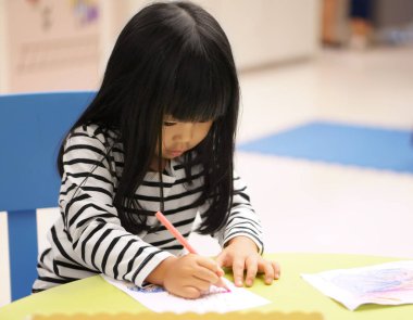 Asyalı çocuklar şirin ya da kız çocuğu boyama öğreniyor ya da beyaz kağıda el boyası çiziyor ve çocuk odasında sandalyeli renkli bir masa ya da anaokulunda yumuşak odaklı
