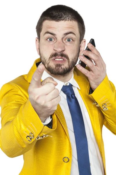 Not happy businessman talking on the phone and threatens finger — Stock Photo, Image