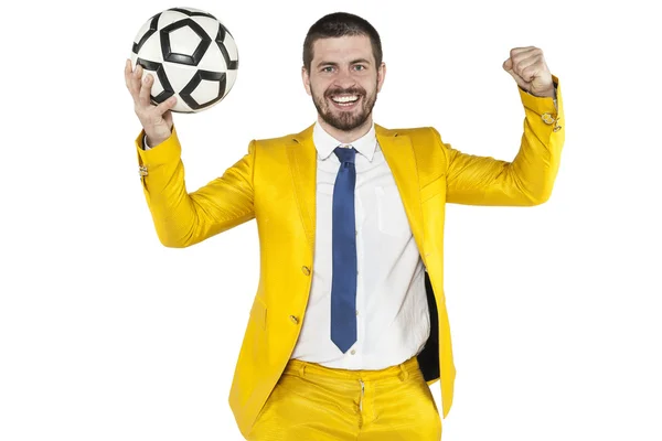 Win in football game celebrated by manager — Stock Photo, Image