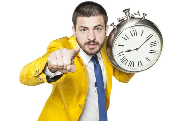 Geschäftsmann zeigt auf dich, hält eine Uhr in der Hand — Stockfoto