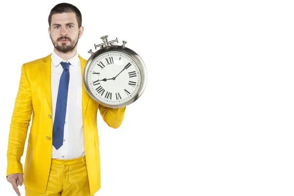 Copy space next to a businessman with a clock in his hand — Stock Photo, Image