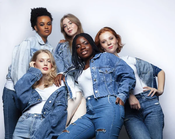 diverse multi nation girls group, teenage friends company cheerful having fun, happy smiling, cute posing isolated on white background, lifestyle people concept, african-american and caucasian