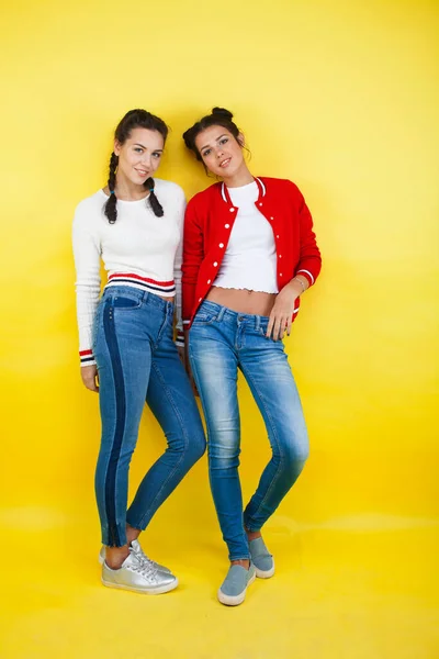 lifestyle people concept: two pretty young school teenage girls having fun happy smiling on yellow background