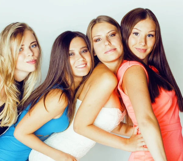 many girlfriends hugging celebration on white background, smiling talking chat close up, lifestyle people concept