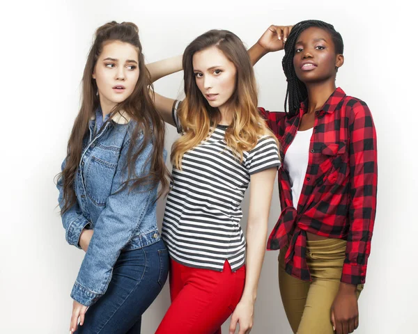 diverse multi nation girls group, teenage friends company cheerful having fun, happy smiling, cute posing isolated on white background, lifestyle people concept, african-american and caucasian