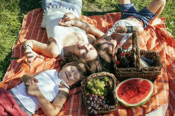 cute happy family on picnic laying on green grass mother and kids, warm summer