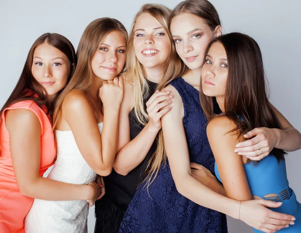 many girlfriends hugging celebration on white background, smiling talking chat, girl next door