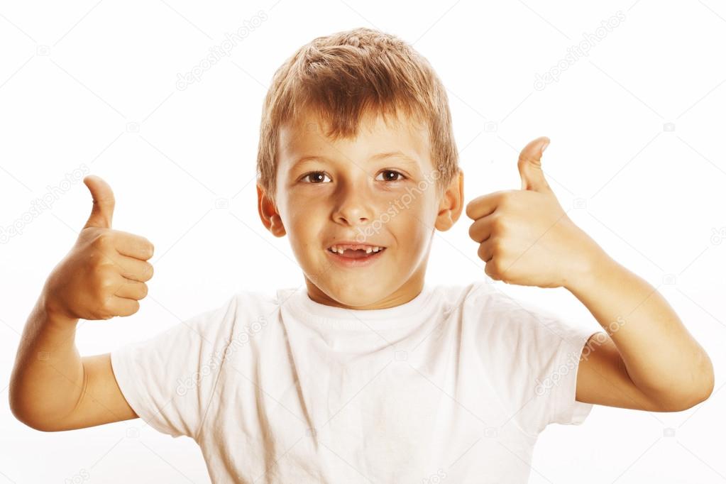 Young Little Boy Isolated Thumbs Up On White Gesturing Both Hands