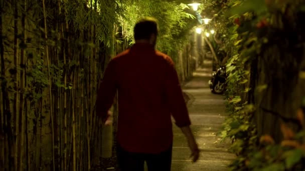 Man walking through bamboo path — Stock Video