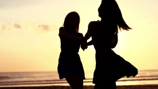 Girlfriends turning around on beach — Stock Video