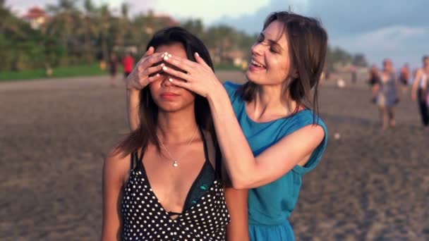 Gelukkig vrouwen op strand — Stockvideo