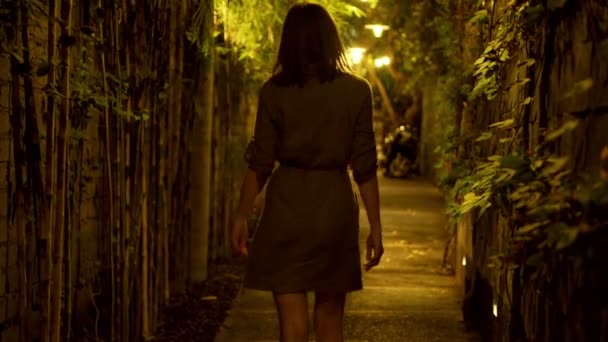 Woman in narrow path at night — Stock Video