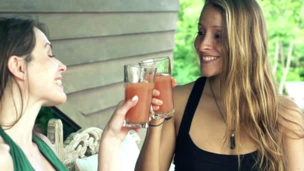 Freundinnen stoßen an und trinken Cocktail auf der Terrasse — Stockvideo