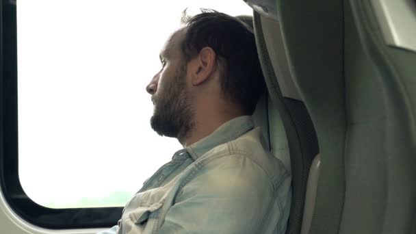 Uomo serio e premuroso durante il viaggio in treno — Video Stock