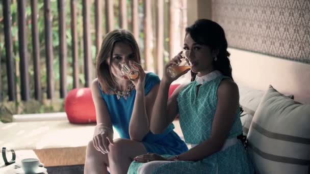 Copines lever un toast à la caméra et boire une boisson — Video