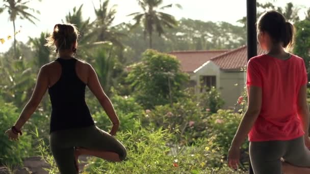 Unga flickvänner utöva yoga på terrassen — Stockvideo