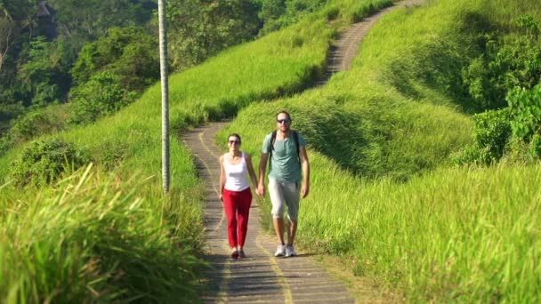 Couple walking through terraces in Bali — Stock Video