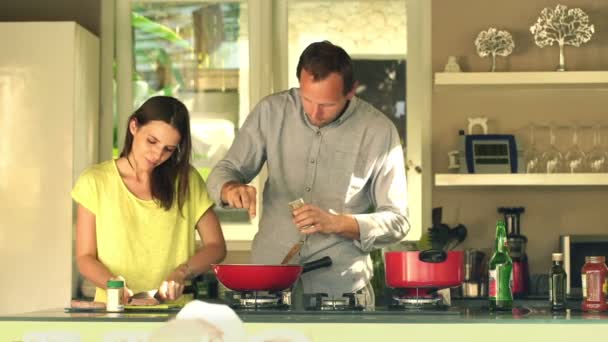 Casal cortando carne e adicionando tempero na panela — Vídeo de Stock