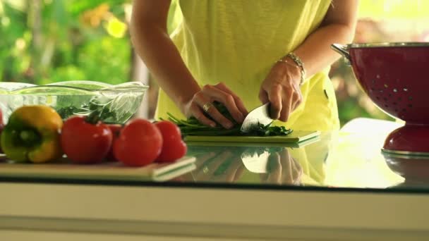 Tangan wanita memotong bayam di dapur — Stok Video