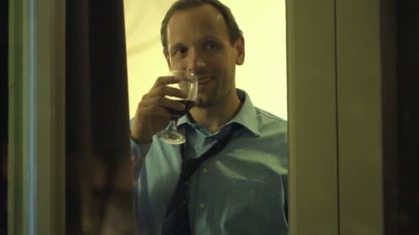 Man drinking red wine by window — Stock Video