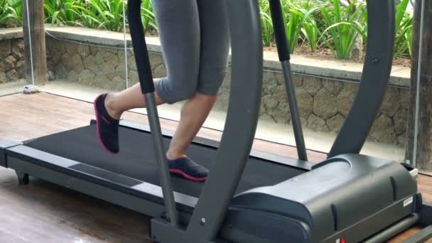 Femme jambes courir sur tapis roulant dans la salle de gym — Video