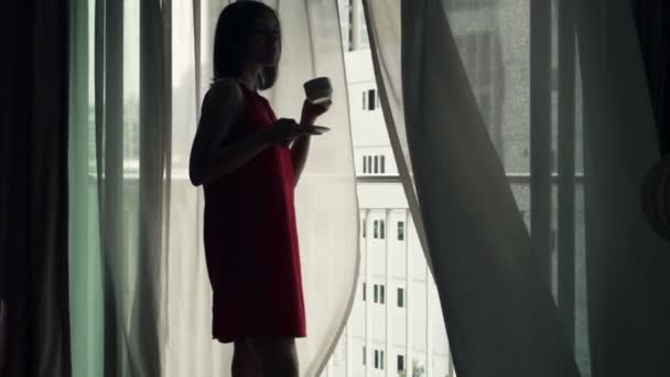 Silhouette di donna che beve caffè a casa — Video Stock