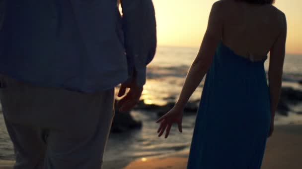 Paar uitzicht op strand en bedrijf handen — Stockvideo