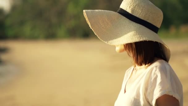 Женщина, гуляющая по пляжу на закате — стоковое видео