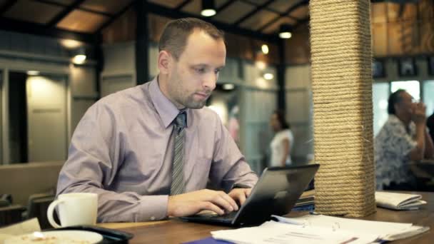 Businessman working on laptop sitting in cafe — Stock Video