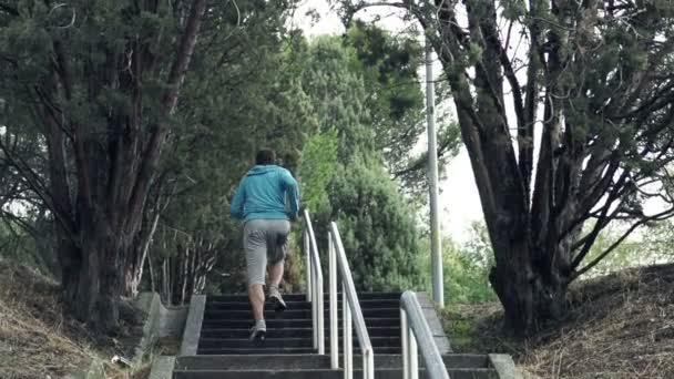 Успешный человек бегает по лестнице в парке — стоковое видео