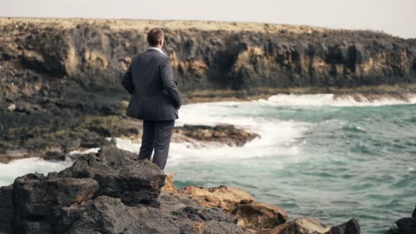 Zakenman op zoek op zee terwijl staande op de rotsen — Stockvideo