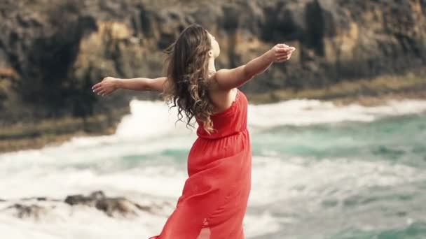 Γυναίκα απολαμβάνοντας τον εαυτό της, στέκεται πάνω σε βράχια δίπλα στη θάλασσα — Αρχείο Βίντεο