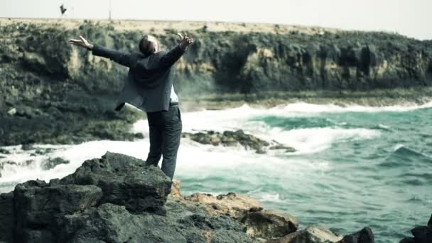 Framgångsrik affärsman att höja armarna på klippor nära havet — Stockvideo