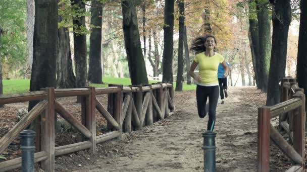 Young Women Jogging Park Autumn Slow Motion — Stock Video