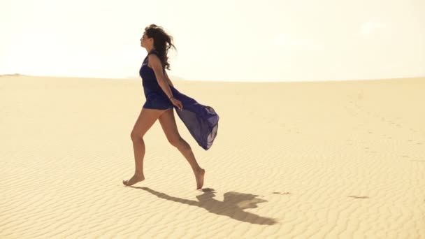 Vrouw in blauwe jurk waarop woestijn — Stockvideo