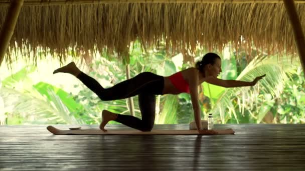 Donna che si esercita sul tappeto in palestra — Video Stock