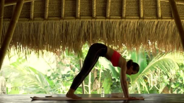 Woman doing sun salutation yoga pose on mat — Stock Video