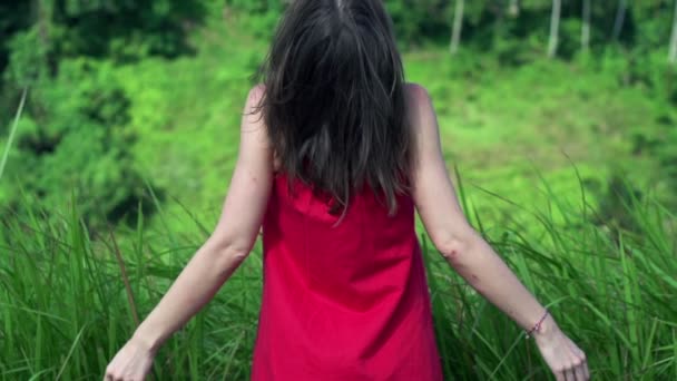 Mulher com os braços abertos largos em pé perto da grama — Vídeo de Stock